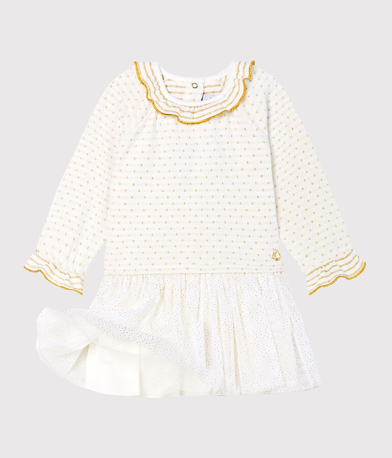 Baby Girls' Long-Sleeved Dual Material Dress white/yellow