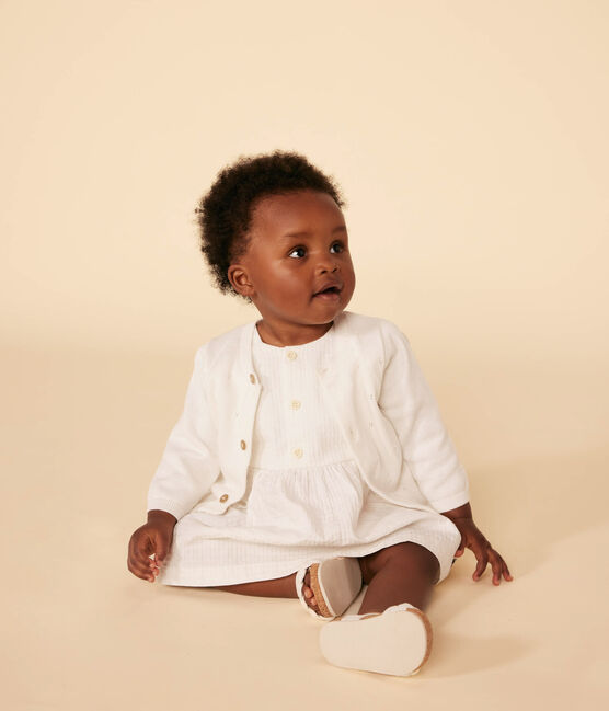 Babies' Openwork Knitted Cotton Cardigan MARSHMALLOW white