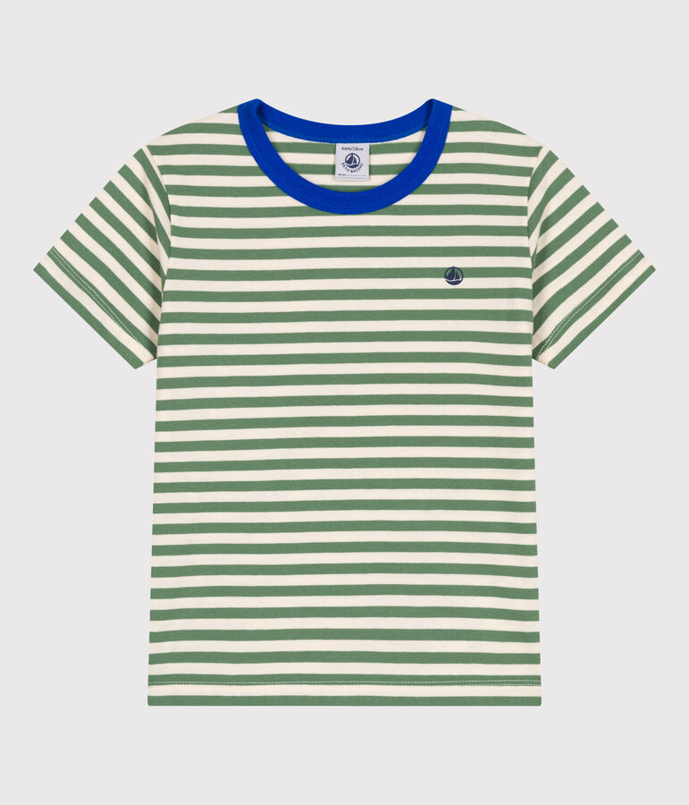 Children's short-sleeved stripy cotton T-shirt PALMERAIE green/AVALANCHE