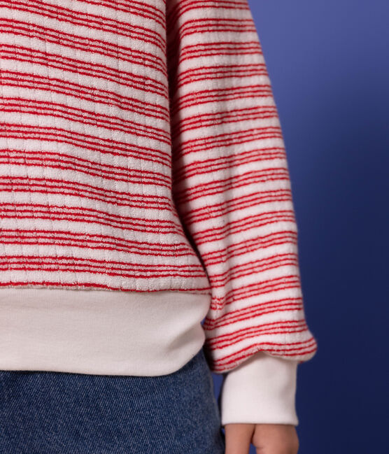 Children's Unisex Stripy Cotton Sweatshirt MARSHMALLOW white/PEPS red