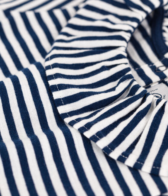 Babies' Striped Short-Sleeved Slub Jersey Blouse MEDIEVAL blue/MARSHMALLOW white
