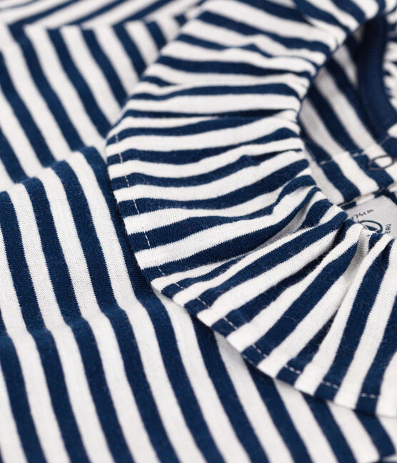 Babies' Striped Short-Sleeved Slub Jersey Blouse MEDIEVAL blue/MARSHMALLOW white