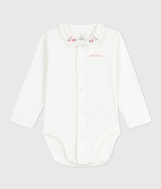 Babies' body with an embroidered collar and a message on the chest white/pink