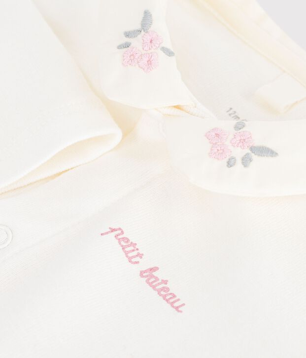 Babies' long-sleeved plain cotton body with an embroidered collar pink/pink