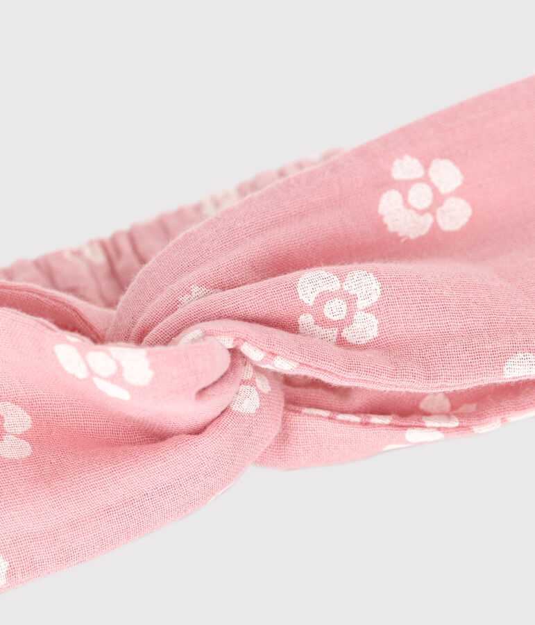 Children's headband in cotton gauze with flower print CHARME pink/MARSHMALLOW white