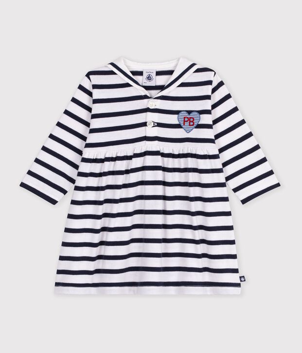 Babies' cotton dress with long sleeves and Breton stripes white/blue