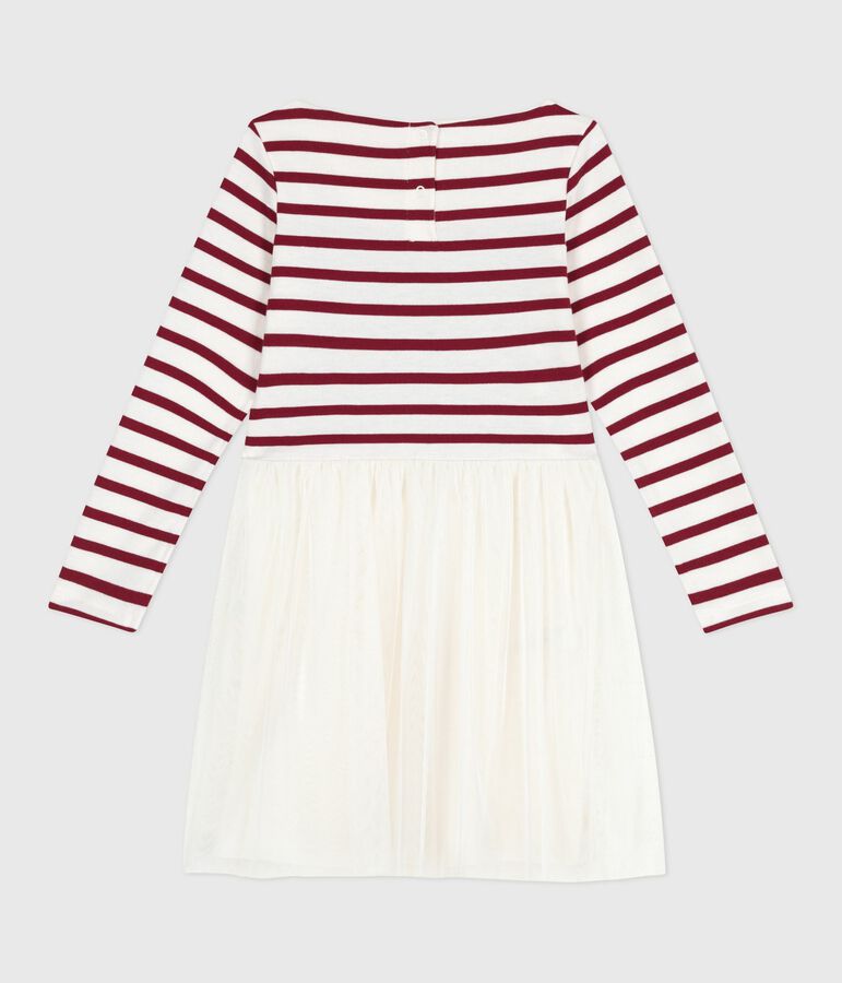 Children's long-sleeved dress in cotton and tulle Ecru/red