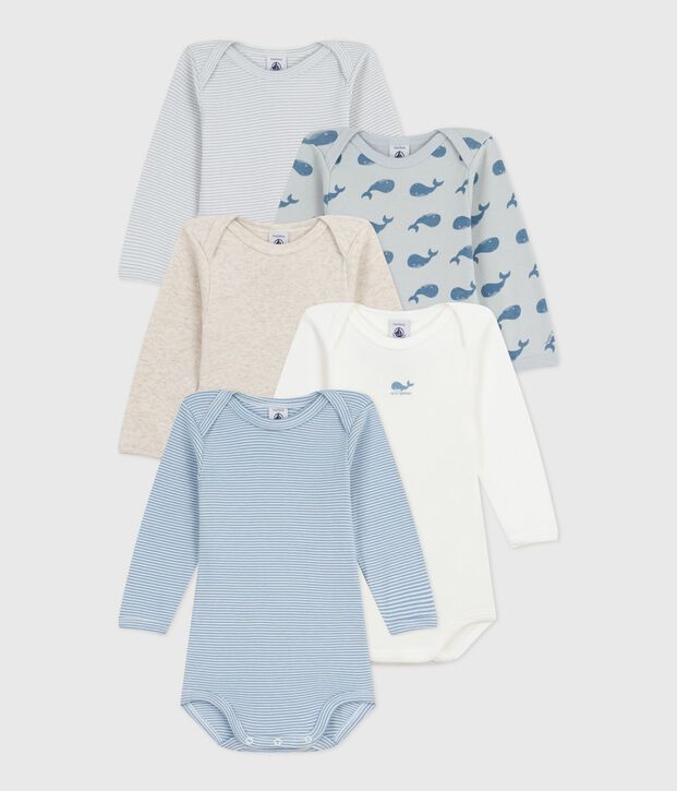Pack of babies' long-sleeved whale-print cotton bodies multicolor