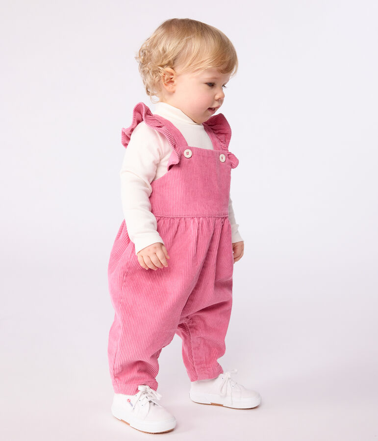 Babies' dungarees in plain corduroy with ruffles and long legs pink