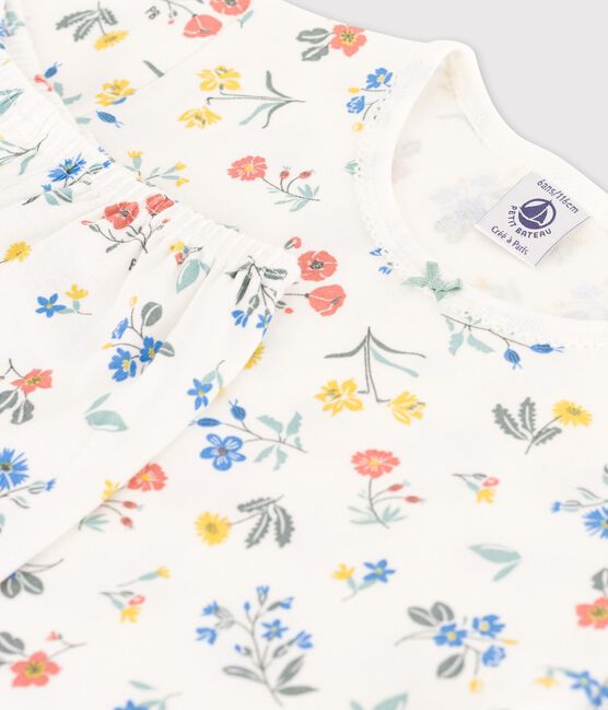 Girls' Short-Sleeved Floral Cotton Pyjamas MARSHMALLOW white/MULTICO white