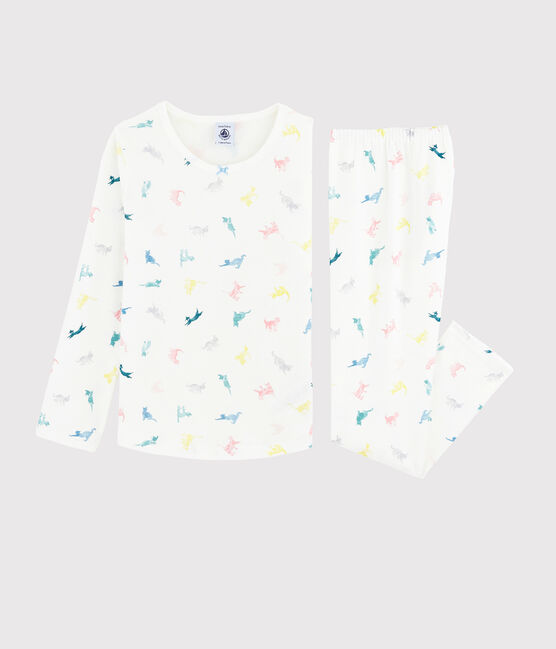 Girls' Cat Print Cotton Pyjamas MARSHMALLOW white/MULTICO white