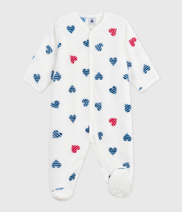 Babies' winter onesie in heart-print fleece white/multicolor