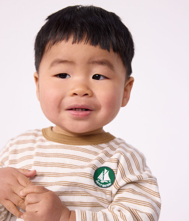 Babies' long-sleeved stripy cotton T-shirt. beige/ecru