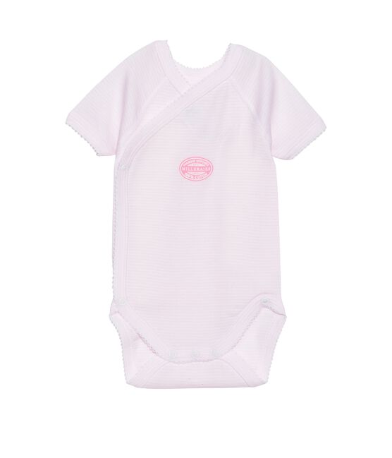 Newborn baby girl short-sleeve bodysuit in milleraies stripe VIENNE pink/ECUME white