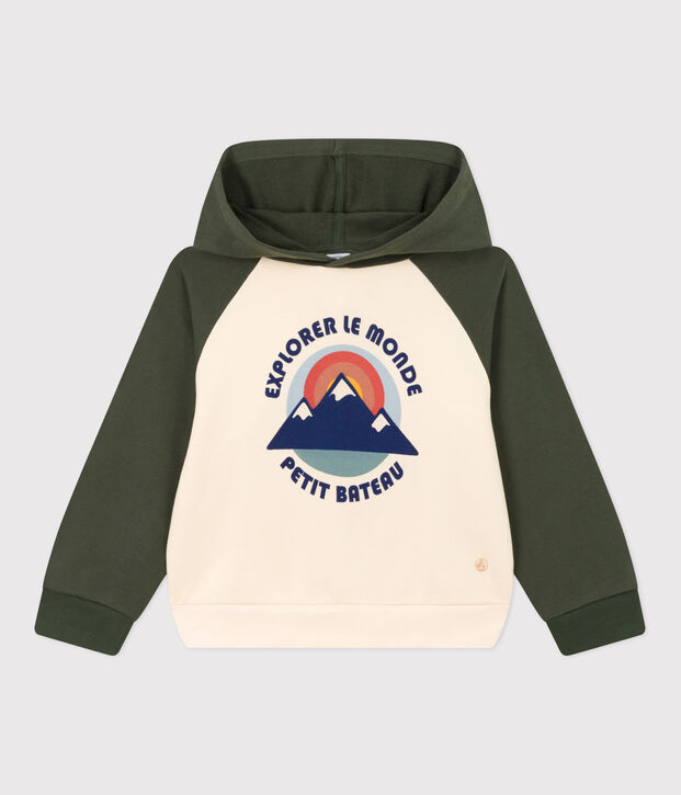 Boy's hooded sweatshirt Ecru/green