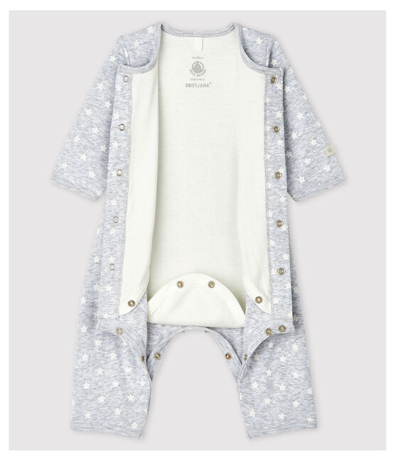 Babies' Footless Organic Cotton Bodyjama POUSSIERE grey/MARSHMALLOW white