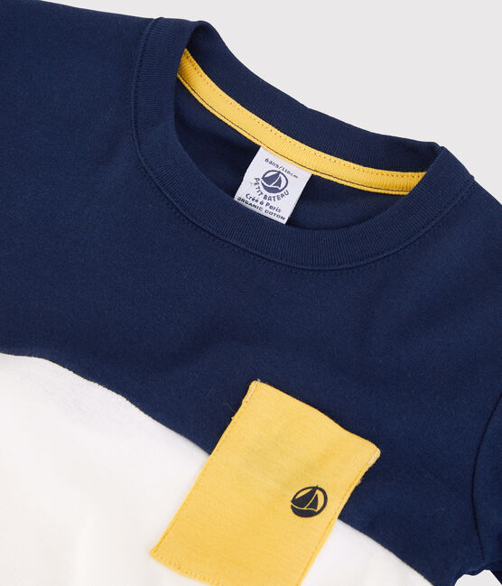 Boys' Short-Sleeved Cotton T-Shirt MEDIEVAL blue/MARSHMALLOW white