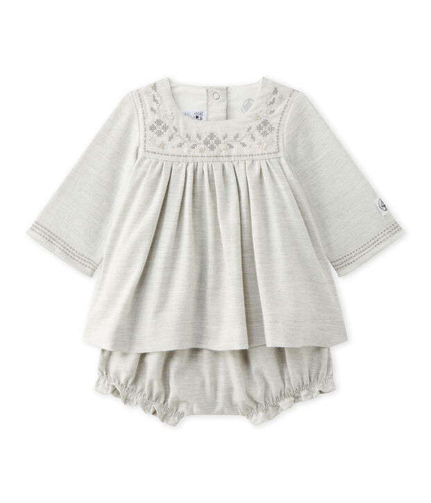 Baby girl's embroidered twill dress with bloomers grey