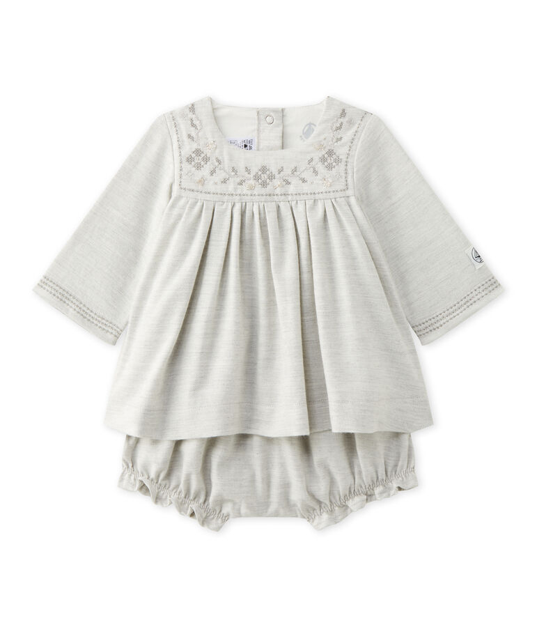 Baby girl's embroidered twill dress with bloomers GRIS CHINE grey