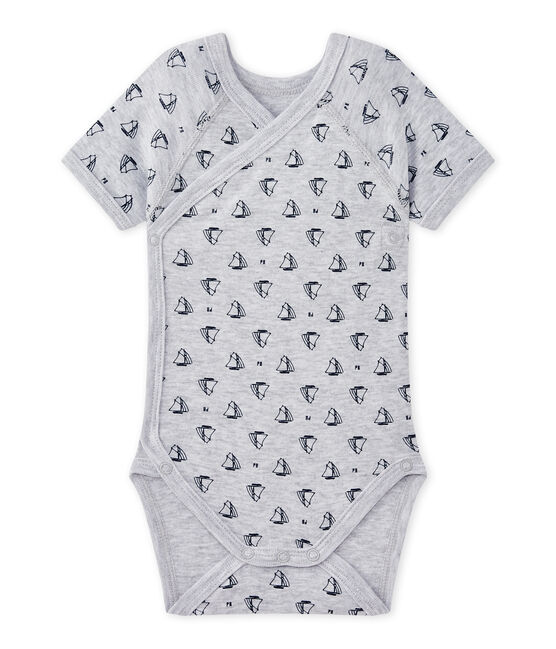 Newborn baby boys' short-sleeved printed bodysuit POUSSIERE grey/MEDIEVAL blue