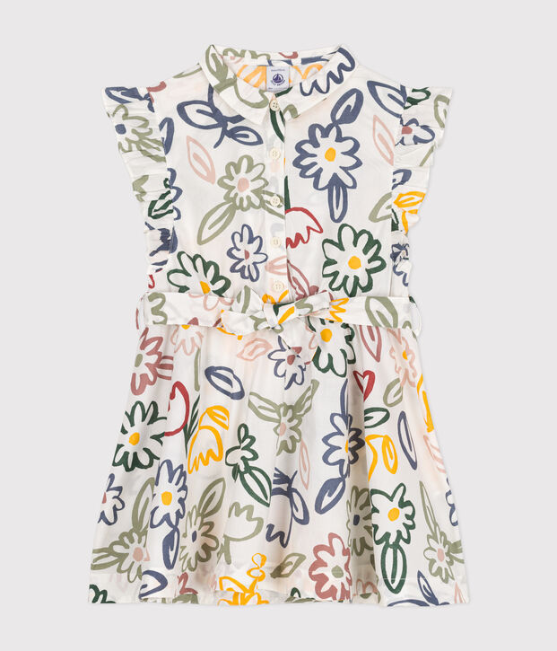 Girls' sleeveless printed poplin dress white/multicolor