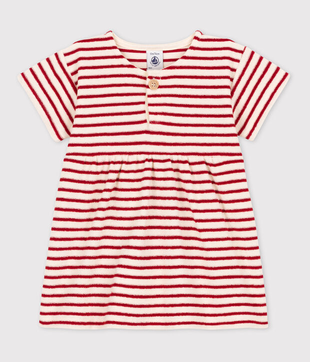 Babies' Short-Sleeved Terry Dress Ecru/red