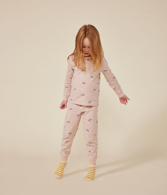 Children's brushed fleece pyjamas printed with stars and hearts SALINE pink/MULTICO white