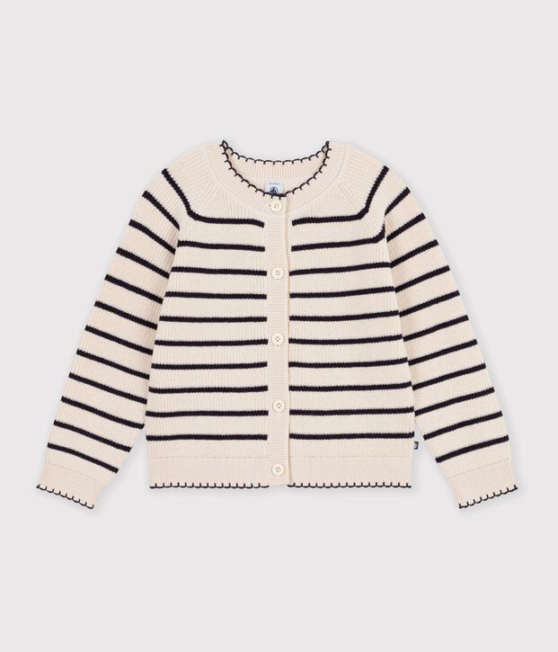 Children's stripy wool and cotton cardigan Ecru/blue