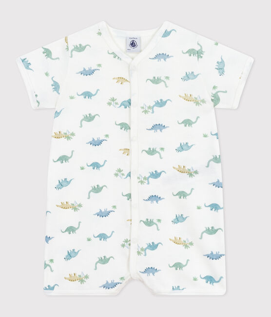 Babies' short dinosaur-pattern cotton jumpsuit MARSHMALLOW white/MULTICO white