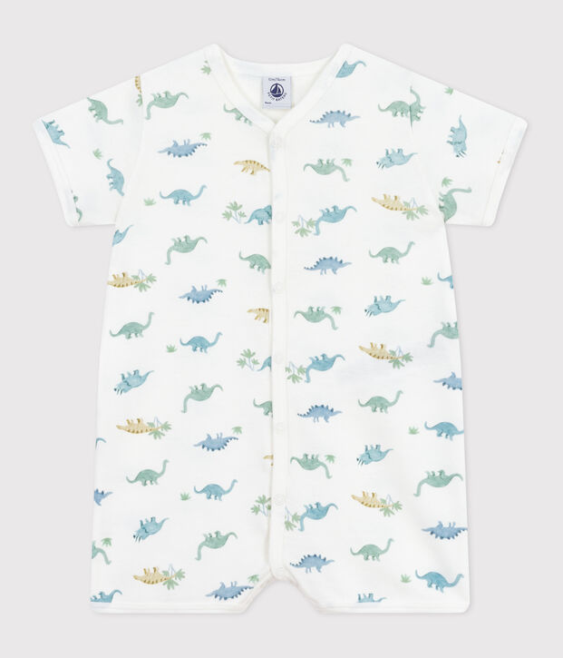 Babies' short dinosaur-pattern cotton jumpsuit white/multicolor