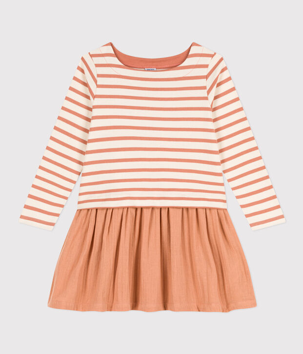 Girls' thick cotton and cotton gauze dress Ecru/pink