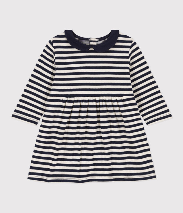 Babies' Long-Sleeved Stripy Tube-Knit Dress blue/ecru