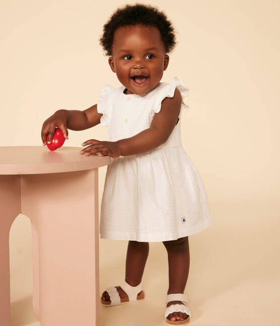 Babies' Sleeveless Textured Cotton Dress MARSHMALLOW white