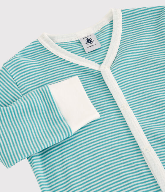Stripy Cotton and Lyocell Sleepsuit MIROIR blue/MARSHMALLOW white