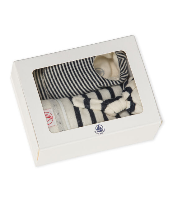 Newborn baby's beanie cap and booties set COQUILLE beige/SMOKING blue