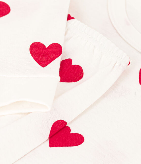 Girls' Snugfit Heart Patterned Cotton Pyjamas MARSHMALLOW white/TERKUIT red