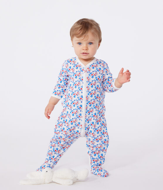 Babies' floral cotton pyjamas MARSHMALLOW white/MULTICO white