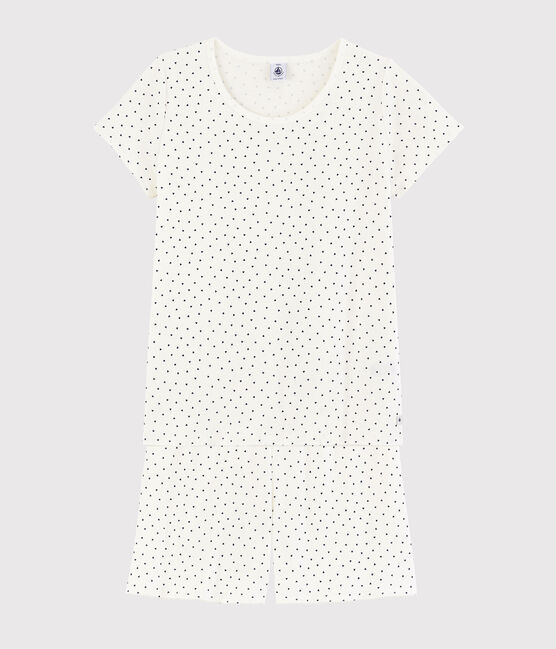 Girls'/Women's Cotton Short Pyjamas with Blue Hearts Pattern MARSHMALLOW white/MEDIEVAL blue