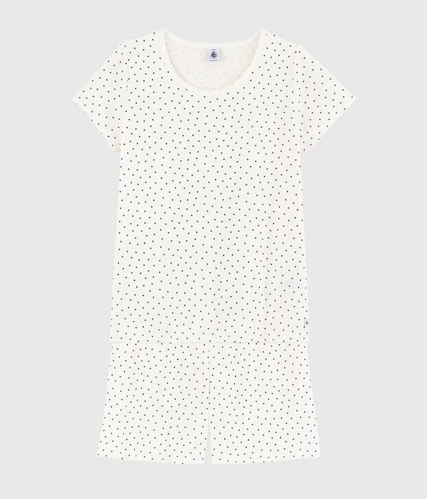 Girls'/Women's Cotton Short Pyjamas with Blue Hearts Pattern white/blue