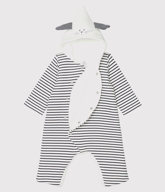 Babies' Long Organic Cotton Stripy Hooded Jumpsuit MARSHMALLOW white/SMOKING blue
