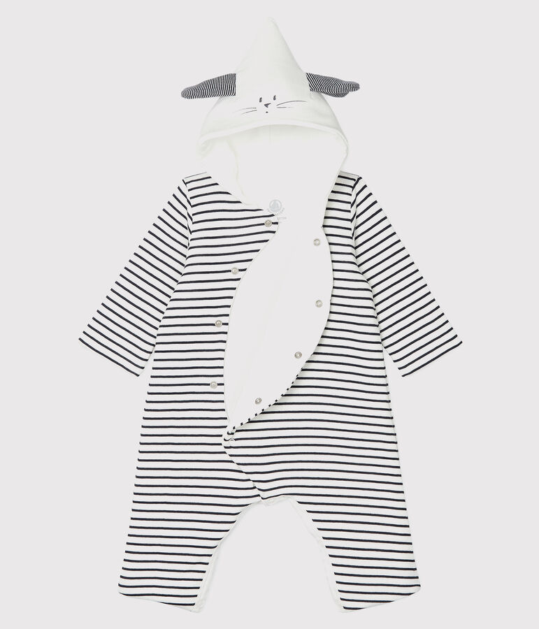 Babies' Long Organic Cotton Stripy Hooded Jumpsuit white/blue