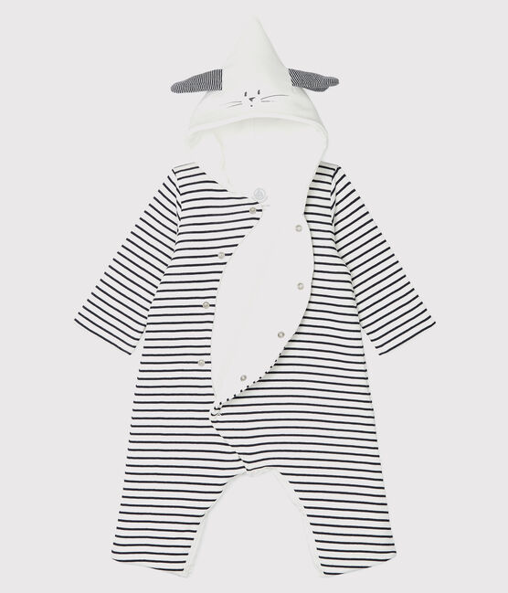 Babies' Organic Cotton Stripy Hooded Jumpsuit MARSHMALLOW white/SMOKING blue