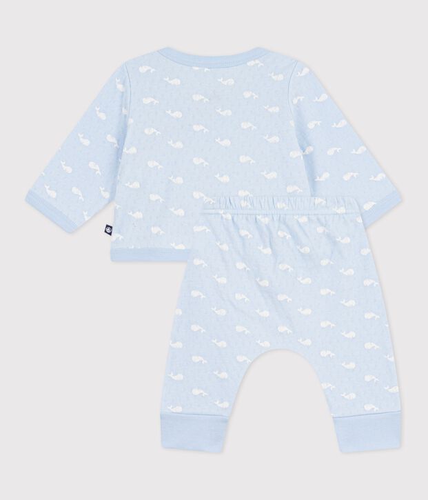 Babies' long two-piece whale print set in cotton blue/ecru