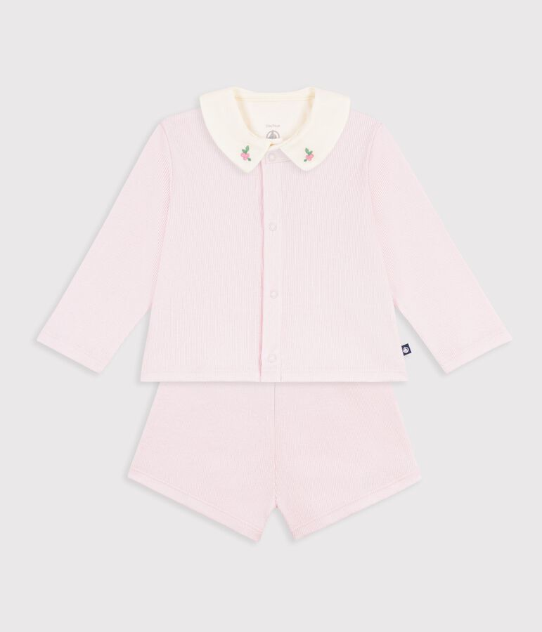 Babies' three-piece set in cotton with embroidery on the collar pink