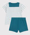Babies' two-piece cotton set with a stripy T-shirt and plain shorts MARSHMALLOW green/DRAGONFLY