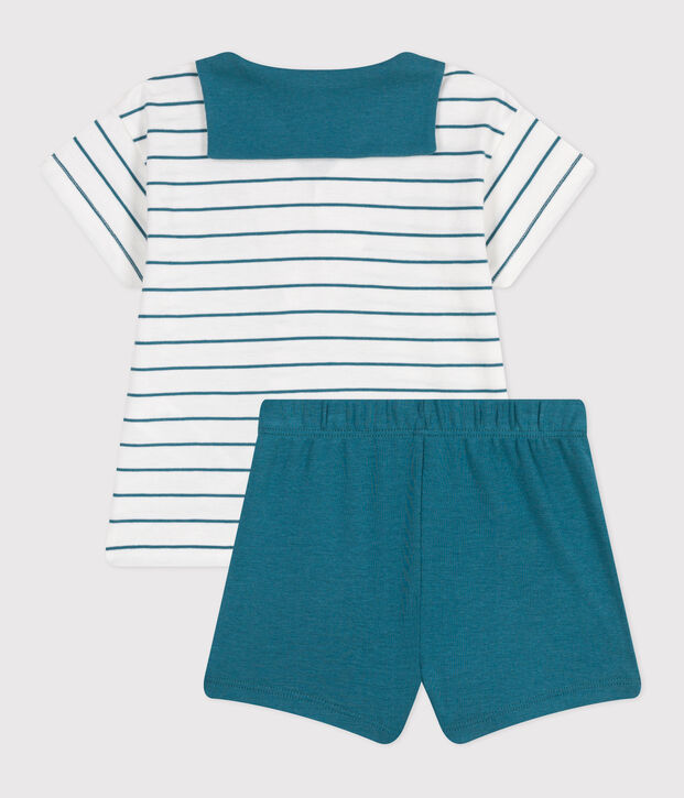Babies' two-piece cotton set with a stripy T-shirt and plain shorts green/green
