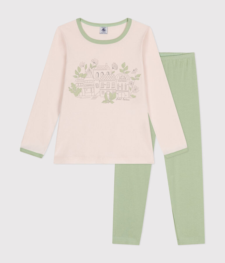Girls' long-sleeved cotton pyjamas beige/green
