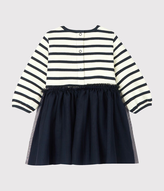 Baby Girls' Long-Sleeved Dual Material Dress COQUILLE beige/SMOKING blue