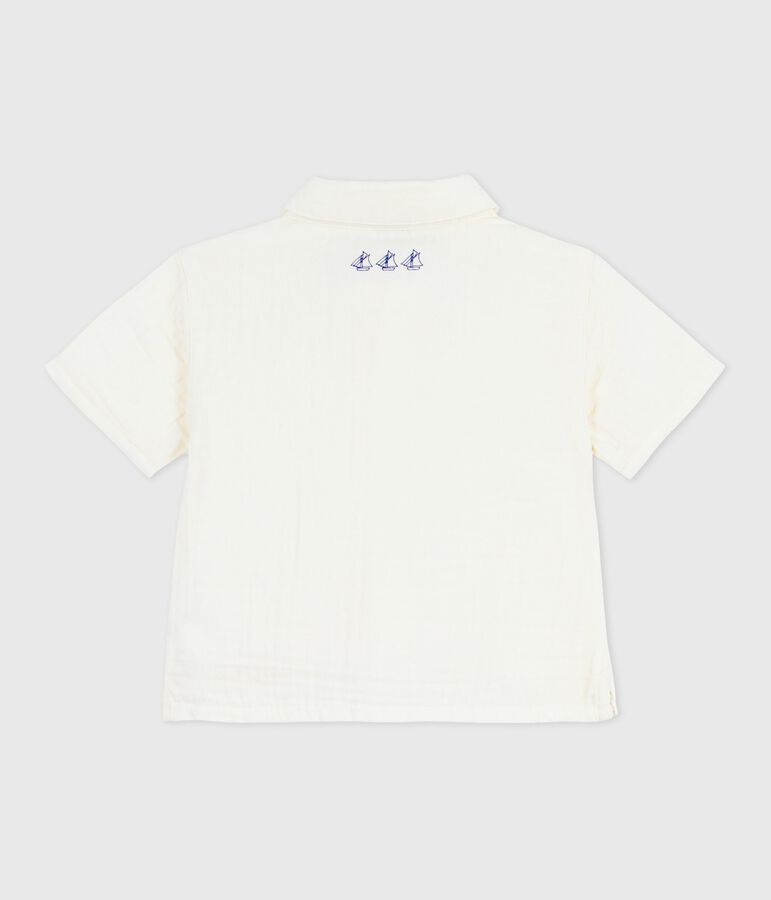 Babies' short-sleeved plain cotton/linen shirt MARSHMALLOW white