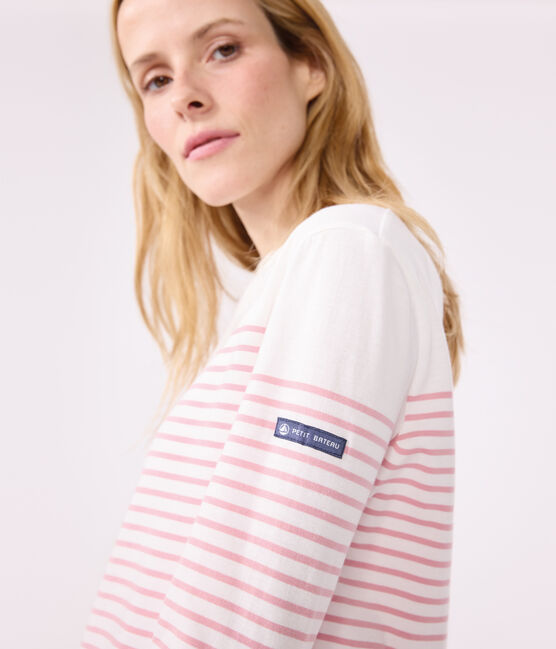 Women's long-sleeved cotton Breton t-shirt MARSHMALLOW white/CHARME pink